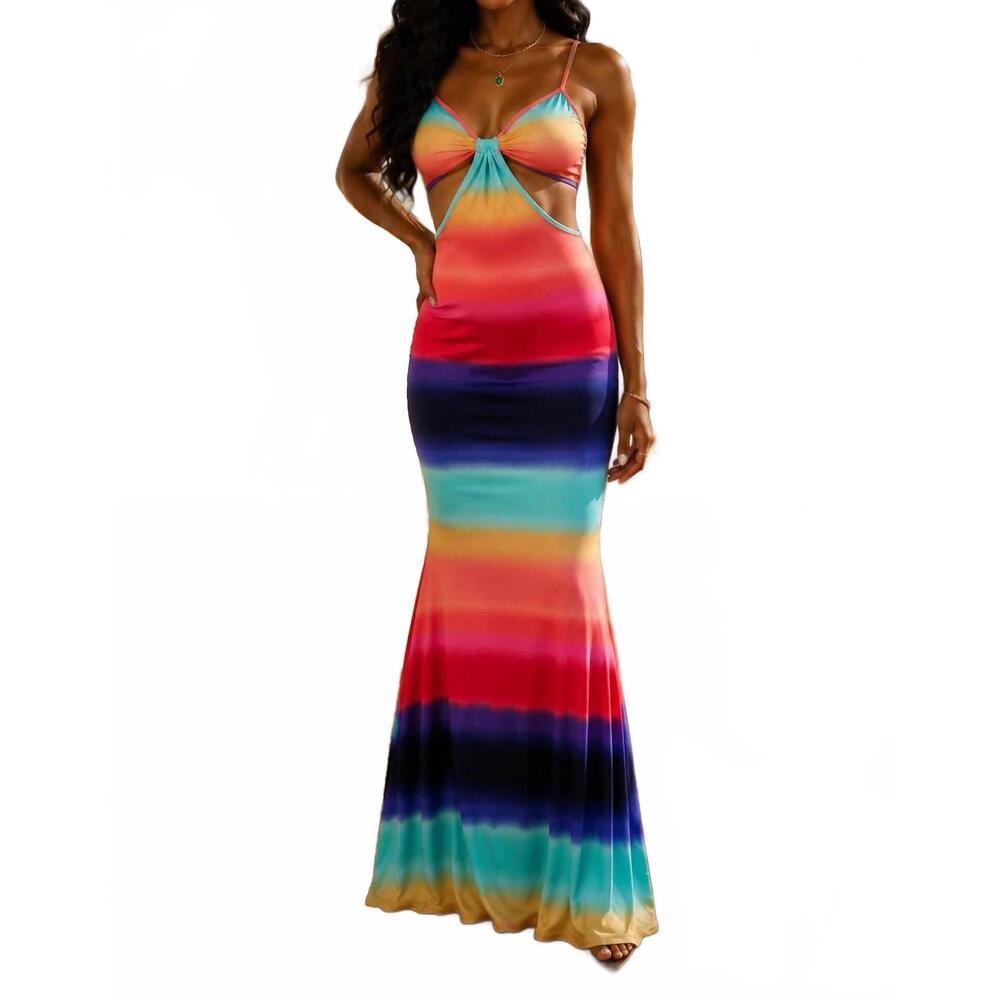 NEW SURELYMINE solara rainbow ombre cutout maxi dress in multi